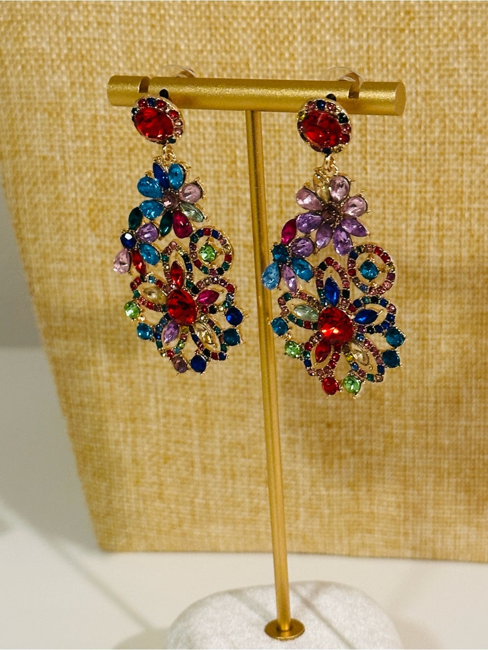 Fashion Jewelry Multicolor Crystal Floral Drop Earrings - Gold Tone